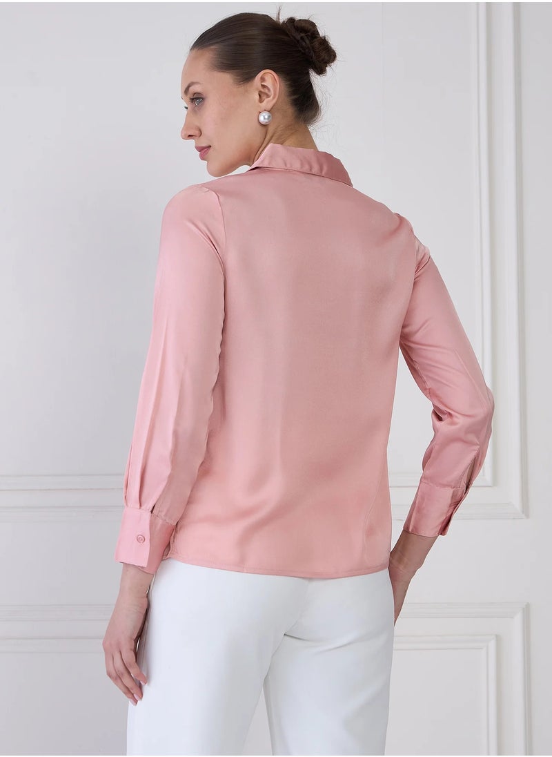 Salt Attire - Women's Solid Pink V-Neck Collared Shirt | Button-Down Top with Full-Length Cuffed Sleeves, Back Box Pleat & Curved Hemline | Elegant, Versatile Pink Shirt - Image 1