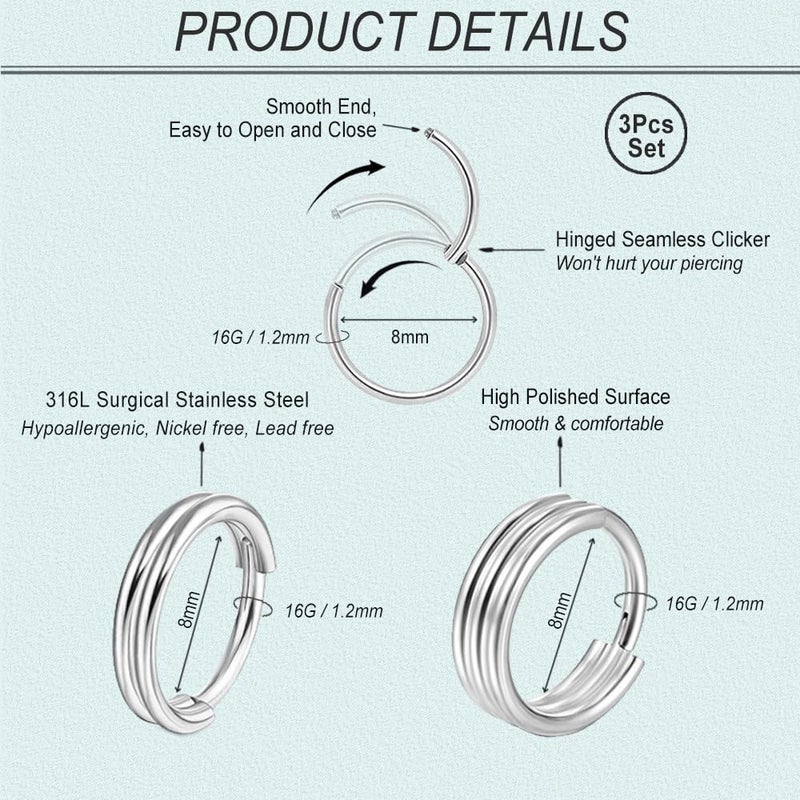 SEEDRILL 16G Cartilage Earrings for Women Men 316L Surgical Steel Conch Helix Rook Tragus Daith Labret Piercing Jewelry Double/Triple Hoop Septum Rings Hypoallergenic Lip Rings Silvery 8mm - Image 2