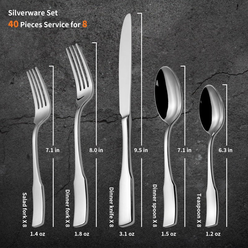 Alata Kate 40-Piece Silverware Set,Service for 8,Stainless Steel Flatware Set,Mirror Polished Cutlery Set,Dishwasher Safe - Image 5