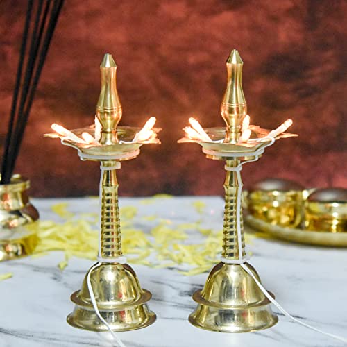 Bhimonee Decor Pure Brass Electric Kerala Table Diya | Traditional Lighting Deepak with Bulb Lights for Pooja & Home Temple | 7 Inches, Brass, Pack of 1 Pair - Image 1