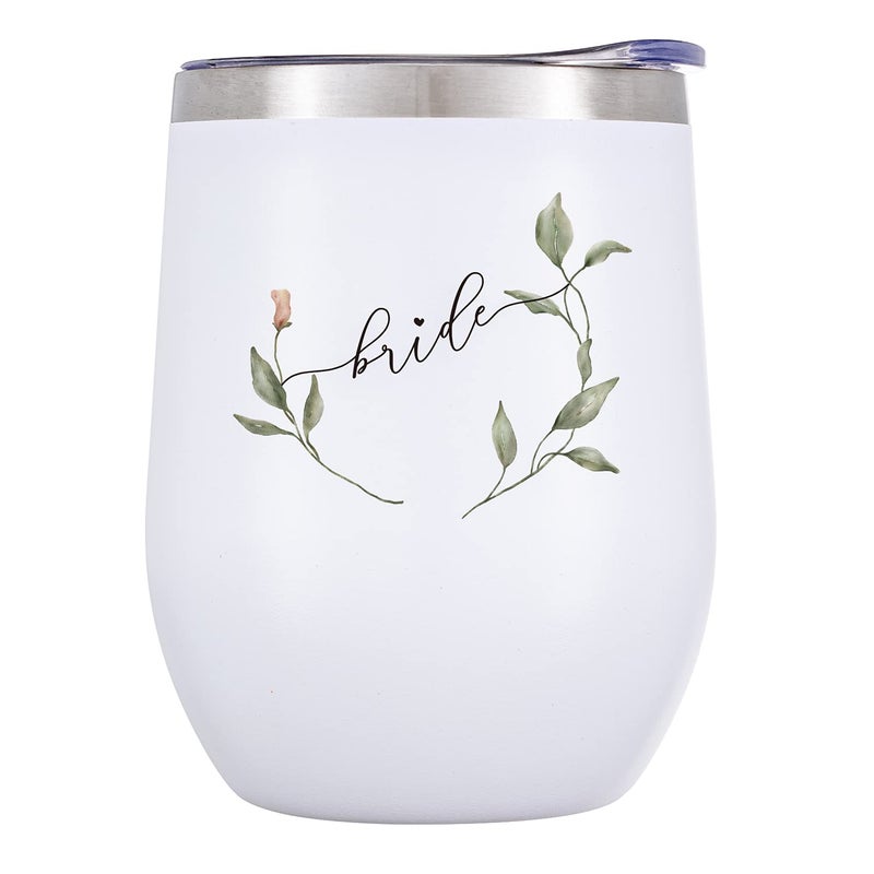 Crisky Greenery Bride Wine Tumbler  Vacuum Insulated Stainless Steel Drink Cup with Straw for Bride to Be  Engagement Glass  Newly Engaged Travel Mug  Future Mrs  Bachelorette 12oz
