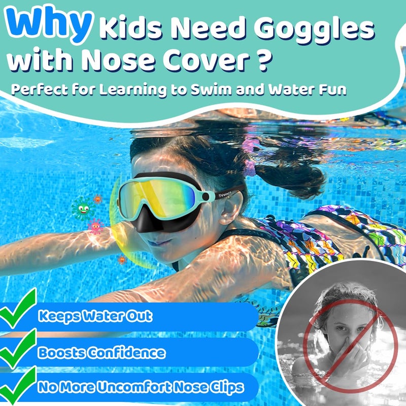 Vvinca Swim Goggles with Nose Cover, 2 Pack Wide View Diving Mask Anti-Fog UV No Leak Toddlers Swimming Goggles for Kids 3-12 - Image 2