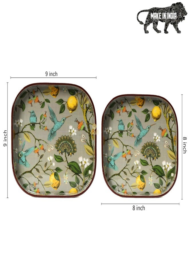 DULI Set of 2 MDF Wooden Trays with Enamel Coated Digital Print | Multipurpose Decorative Trays | 9x9 & 8x8 inch | Wipe & Use | Water-Resistant | Made in India (SmallSetof2CurvedSq-FruitandBirds) - Image 2