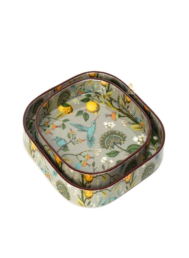 DULI Set of 2 MDF Wooden Trays with Enamel Coated Digital Print | Multipurpose Decorative Trays | 9x9 & 8x8 inch | Wipe & Use | Water-Resistant | Made in India (SmallSetof2CurvedSq-FruitandBirds) - Image 5