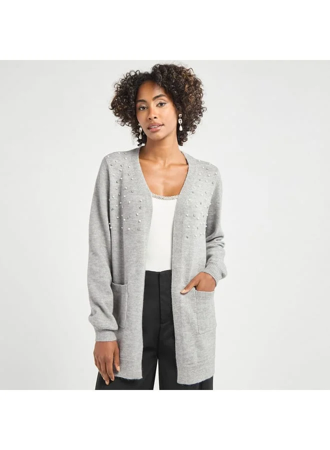 Splash FAV Embellished Open Front Cardigan with Long Sleeves and Pockets
