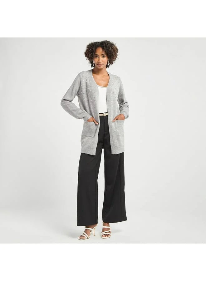 Splash FAV Embellished Open Front Cardigan with Long Sleeves and Pockets