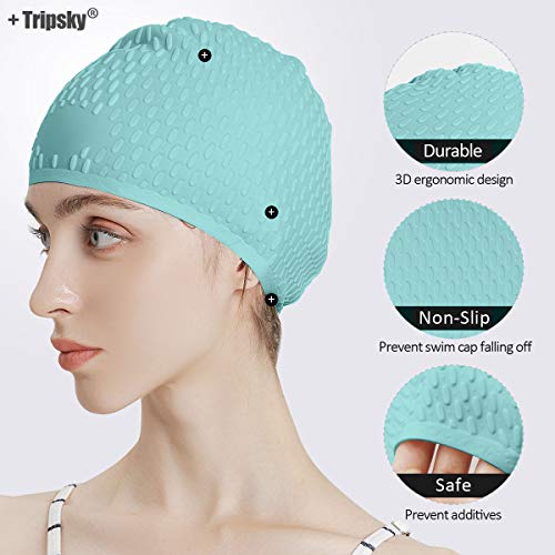 Tripsky Silicone Swim Cap,Comfortable Bathing Cap Ideal for Curly Short Medium Long Hair, Swimming Cap for Women and Men, Shower Caps Keep Hairstyle Unchanged (Green) - Image 3