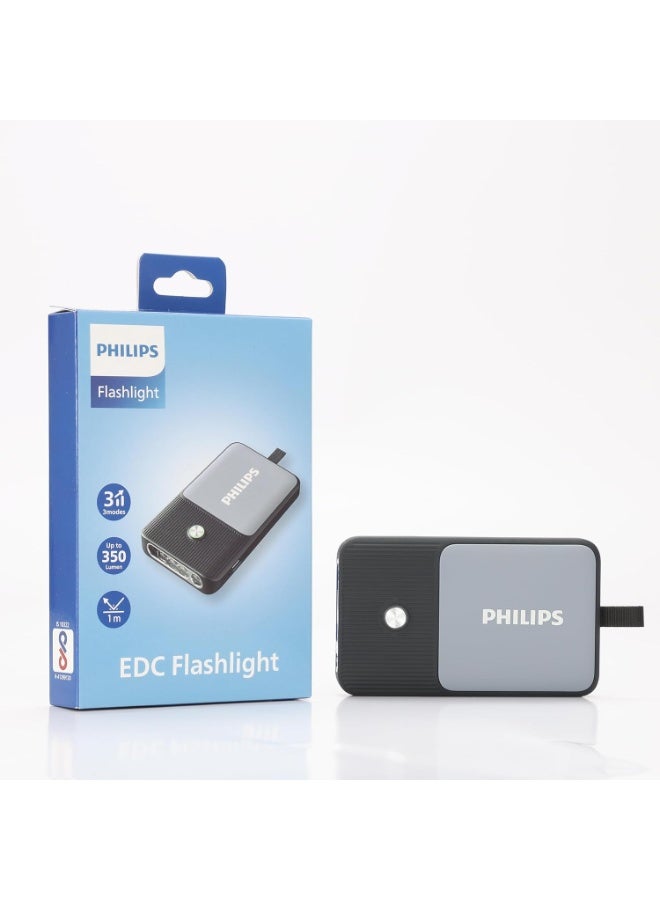 Philips Pocket-Size Rechargeable Torch Light | 350 Lumens Brightness | UV Banknote Detection Mode | 1200mAh Battery | 5 Lighting Modes (Strong, Low, Strobe, SOS, UV) | Slim Flat Design | Water & Drop Resistant | Everyday Carry Flashlight for Home, Office & Emergency Use grey - Image 1