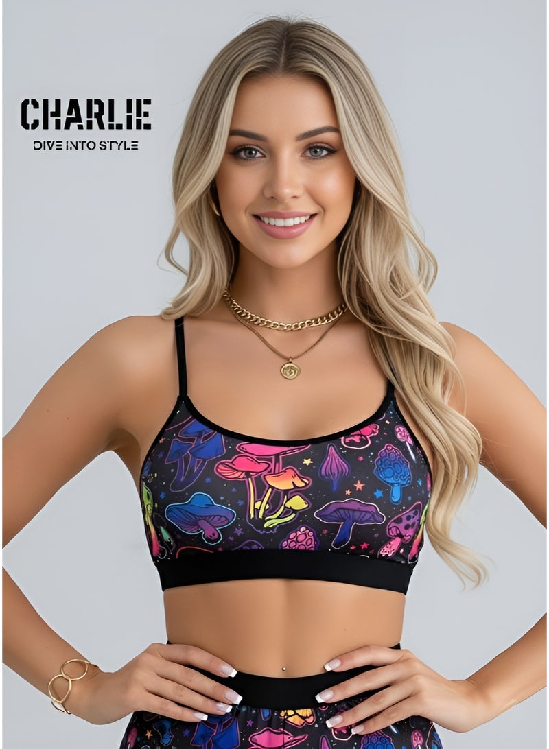شارلي حمالة صدر رياضية/حفلات نسائية - مقاس M | طبعة فطر نيون نابضة بالحياة | بلوزة رياضية أنيقة، قابلة للتمدد، قابلة للتهوية، ولاسلكية، للصالة الرياضية، واليوغا، والتمارين الرياضية، والملابس الكاجوال - حمالة صدر مريحة بظهر متقاطع | ملابس حفلات تكنو | الكمية محدودة - Image 1
