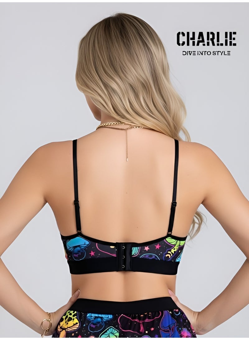 شارلي حمالة صدر رياضية/حفلات نسائية - مقاس M | طبعة فطر نيون نابضة بالحياة | بلوزة رياضية أنيقة، قابلة للتمدد، قابلة للتهوية، ولاسلكية، للصالة الرياضية، واليوغا، والتمارين الرياضية، والملابس الكاجوال - حمالة صدر مريحة بظهر متقاطع | ملابس حفلات تكنو | الكمية محدودة - Image 2