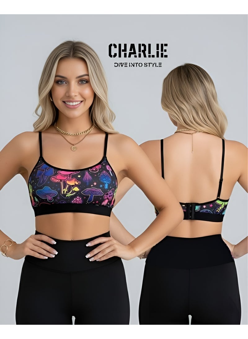 شارلي حمالة صدر رياضية/حفلات نسائية - مقاس M | طبعة فطر نيون نابضة بالحياة | بلوزة رياضية أنيقة، قابلة للتمدد، قابلة للتهوية، ولاسلكية، للصالة الرياضية، واليوغا، والتمارين الرياضية، والملابس الكاجوال - حمالة صدر مريحة بظهر متقاطع | ملابس حفلات تكنو | الكمية محدودة - Image 4