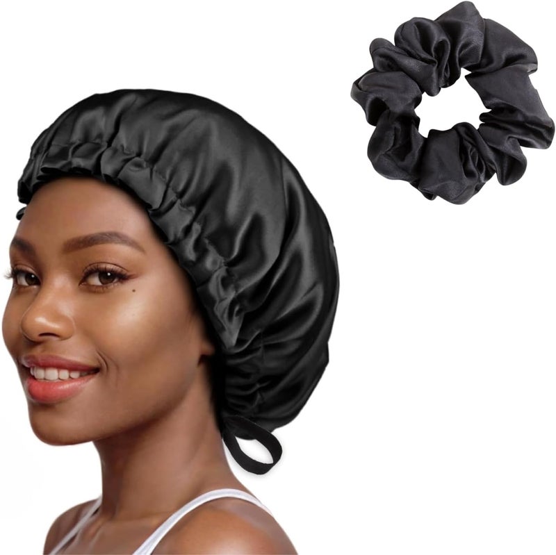 SIXHANS Sleep Bonnet - Double Layer Satin Cap with Adjustable Strap, Black Cap for Curly Hair, Sleep Cap for Women & Men - Image 1