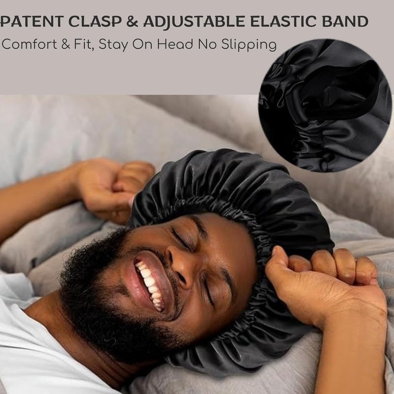 SIXHANS Sleep Bonnet - Double Layer Satin Cap with Adjustable Strap, Black Cap for Curly Hair, Sleep Cap for Women & Men - Image 3