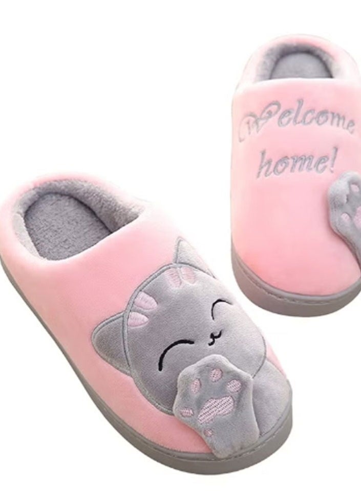 OUTAD Winter Couple Lucky Cat Closed Back Home Slippers Women Fluffy Warm Plush Anti-Slip Indoor Bedroom Shoes Pink Grey - Image 3