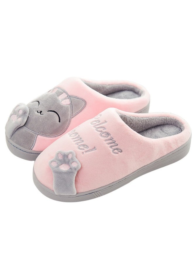 OUTAD Winter Couple Lucky Cat Closed Back Home Slippers Women Fluffy Warm Plush Anti-Slip Indoor Bedroom Shoes Pink Grey - Image 1