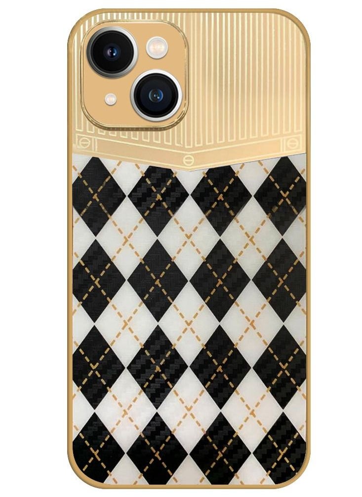 JOWAY - iPhone 13 Luxury Gold Plated Case Hybrid Electroplated Frame Back Cover with Carbon Fiber Texture Rhombus Pattern White/Black - Image 1
