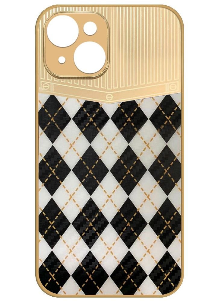 JOWAY - iPhone 13 Luxury Gold Plated Case Hybrid Electroplated Frame Back Cover with Carbon Fiber Texture Rhombus Pattern White/Black - Image 1