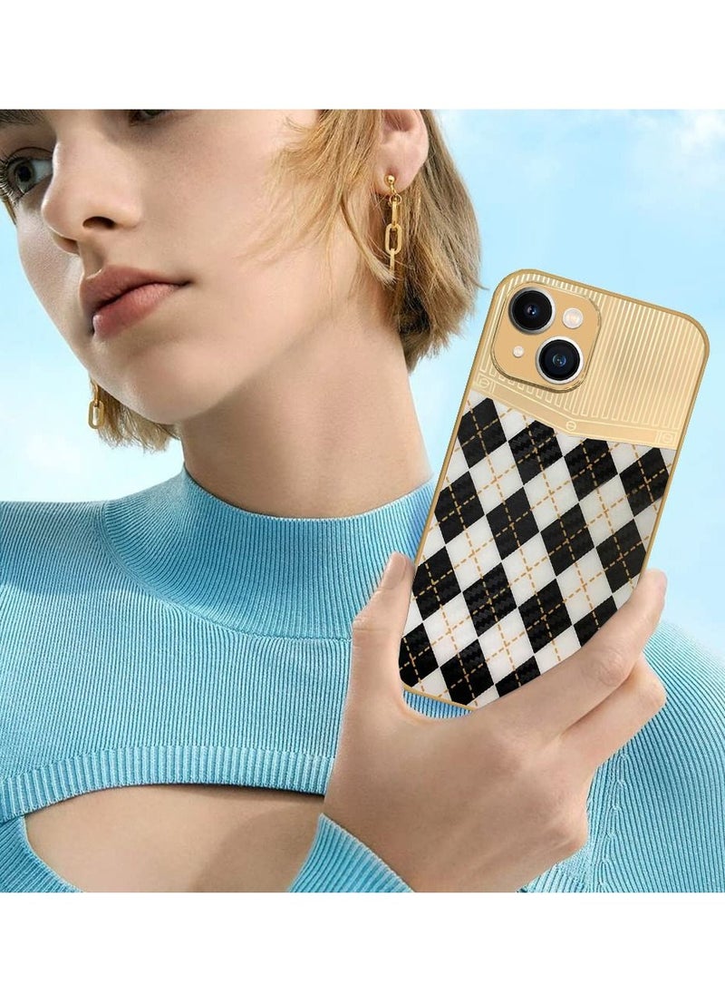 JOWAY - iPhone 13 Luxury Gold Plated Case Hybrid Electroplated Frame Back Cover with Carbon Fiber Texture Rhombus Pattern White/Black - Image 1
