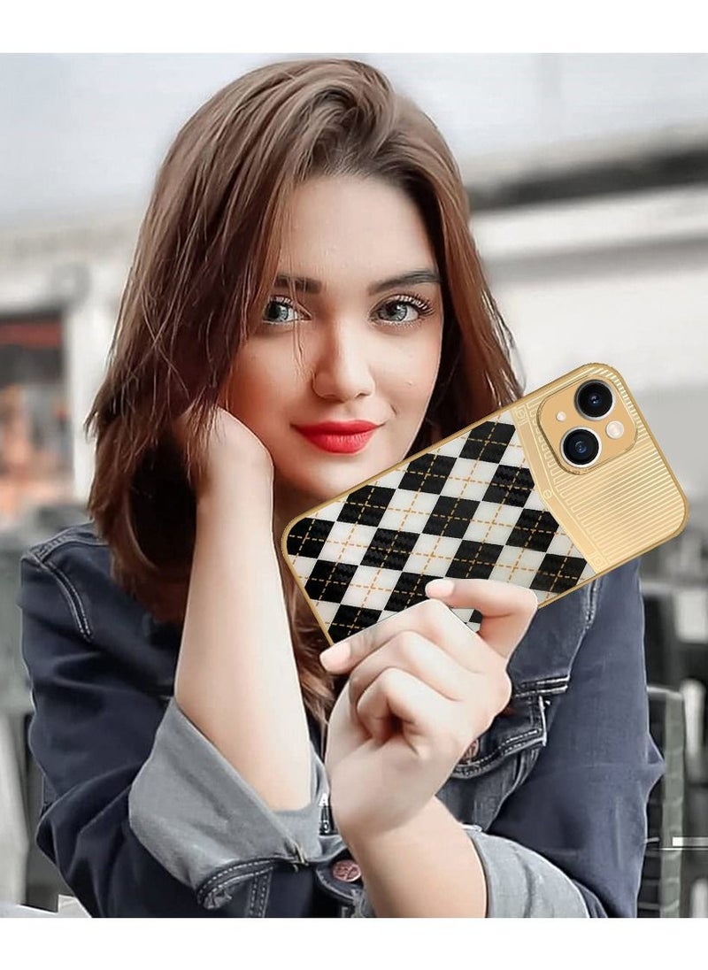 JOWAY - iPhone 13 Luxury Gold Plated Case Hybrid Electroplated Frame Back Cover with Carbon Fiber Texture Rhombus Pattern White/Black - Image 1