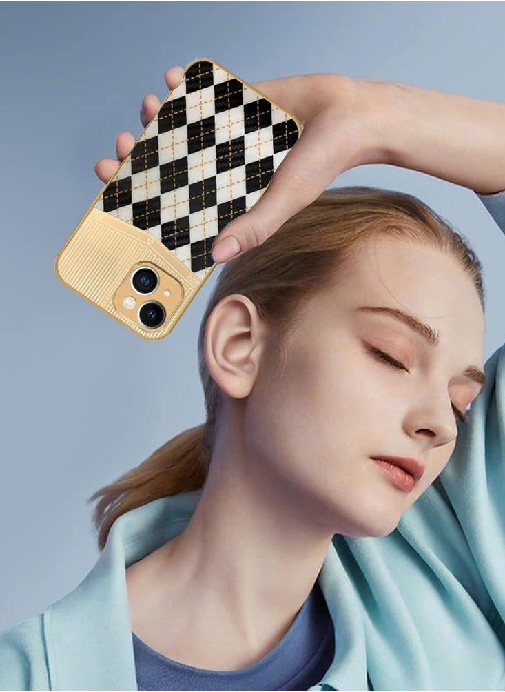 JOWAY - iPhone 13 Luxury Gold Plated Case Hybrid Electroplated Frame Back Cover with Carbon Fiber Texture Rhombus Pattern White/Black - Image 1