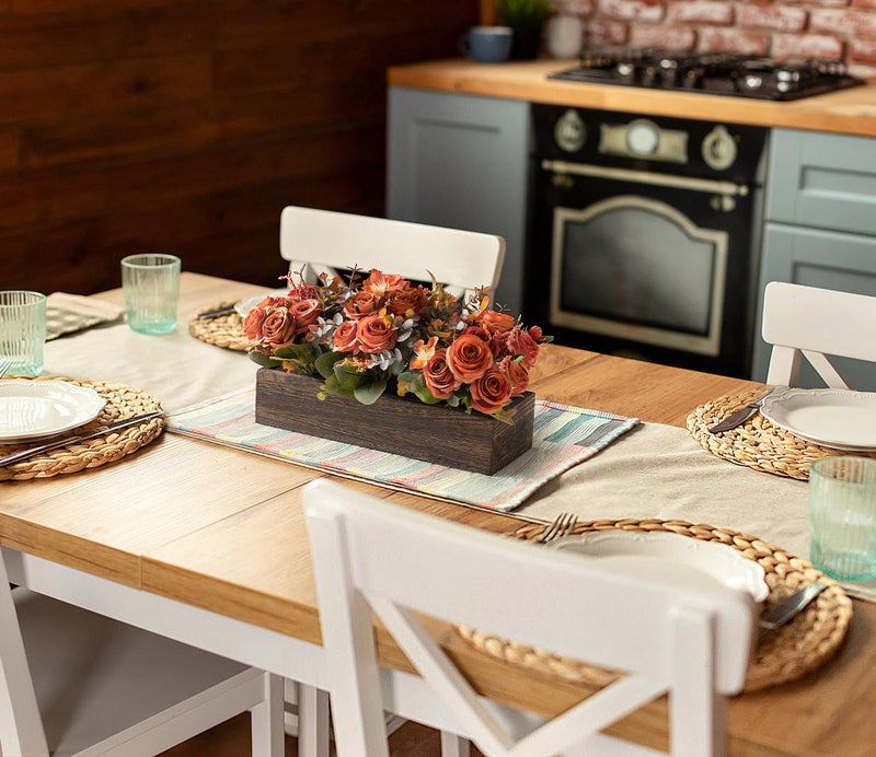 Dahey Centerpiece Table Decorations for Dining Room Farmhouse Living Room Fall Table Centerpieces Decor Wood Tray with 3 Artificial Flowers and 2 Eucalyptus for Kitchen Table, Orange - Image 4