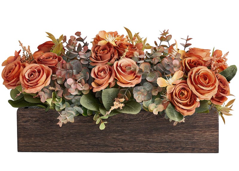 Dahey Centerpiece Table Decorations for Dining Room Farmhouse Living Room Fall Table Centerpieces Decor Wood Tray with 3 Artificial Flowers and 2 Eucalyptus for Kitchen Table, Orange - Image 1