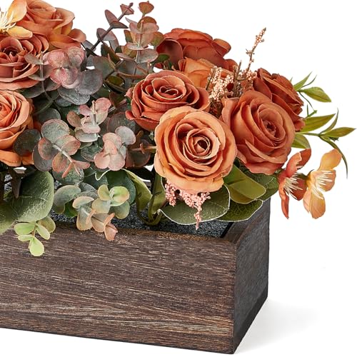 Dahey Centerpiece Table Decorations for Dining Room Farmhouse Living Room Fall Table Centerpieces Decor Wood Tray with 3 Artificial Flowers and 2 Eucalyptus for Kitchen Table, Orange - Image 5