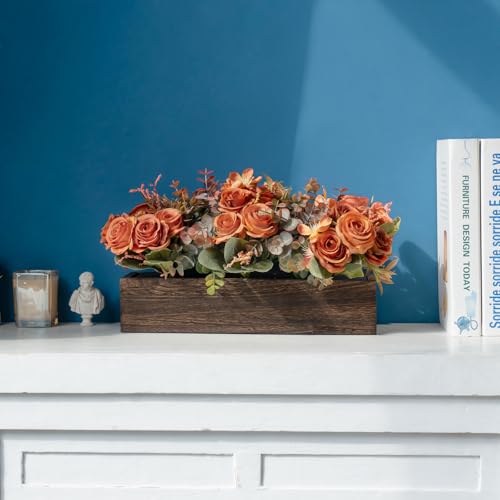 Dahey Centerpiece Table Decorations for Dining Room Farmhouse Living Room Fall Table Centerpieces Decor Wood Tray with 3 Artificial Flowers and 2 Eucalyptus for Kitchen Table, Orange - Image 3