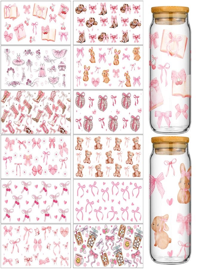 Glenmal 12 Sheets Coquette UV DTF Cup Wrap Stickers Pink Bow UV DTF Cup Wraps Transfer Stickers for DIY Craft Decorations for 16 oz Glass Water Bottle (Lovely) - Image 1