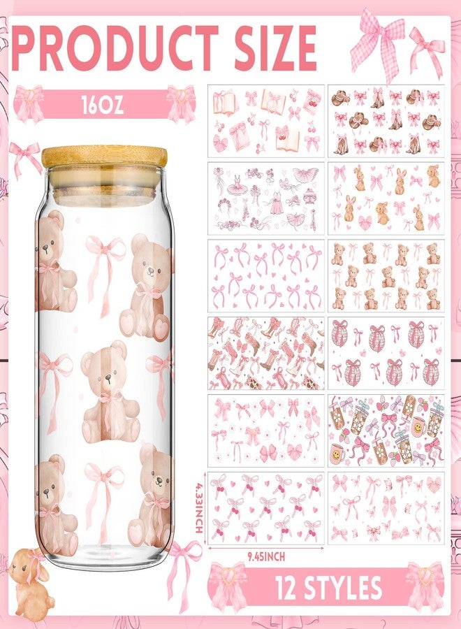 Glenmal 12 Sheets Coquette UV DTF Cup Wrap Stickers Pink Bow UV DTF Cup Wraps Transfer Stickers for DIY Craft Decorations for 16 oz Glass Water Bottle (Lovely) - Image 2