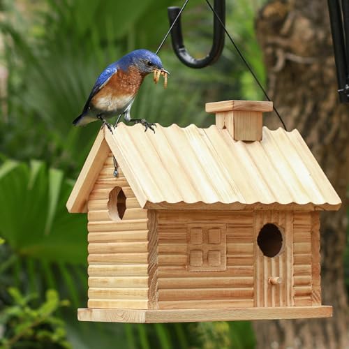 STARSWR Bird House OutsideOutdoor Bird Houses Natural Wooden Bird Hut Clearance 2 Hole Bluebird Finch Cardinals 2 Rooms Hanging Birdhouse for Garden Viewing - Image 1