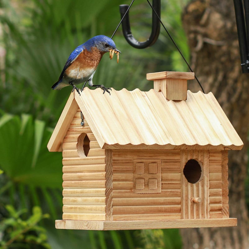 STARSWR Bird House OutsideOutdoor Bird Houses Natural Wooden Bird Hut Clearance 2 Hole Bluebird Finch Cardinals 2 Rooms Hanging Birdhouse for Garden Viewing - Image 2