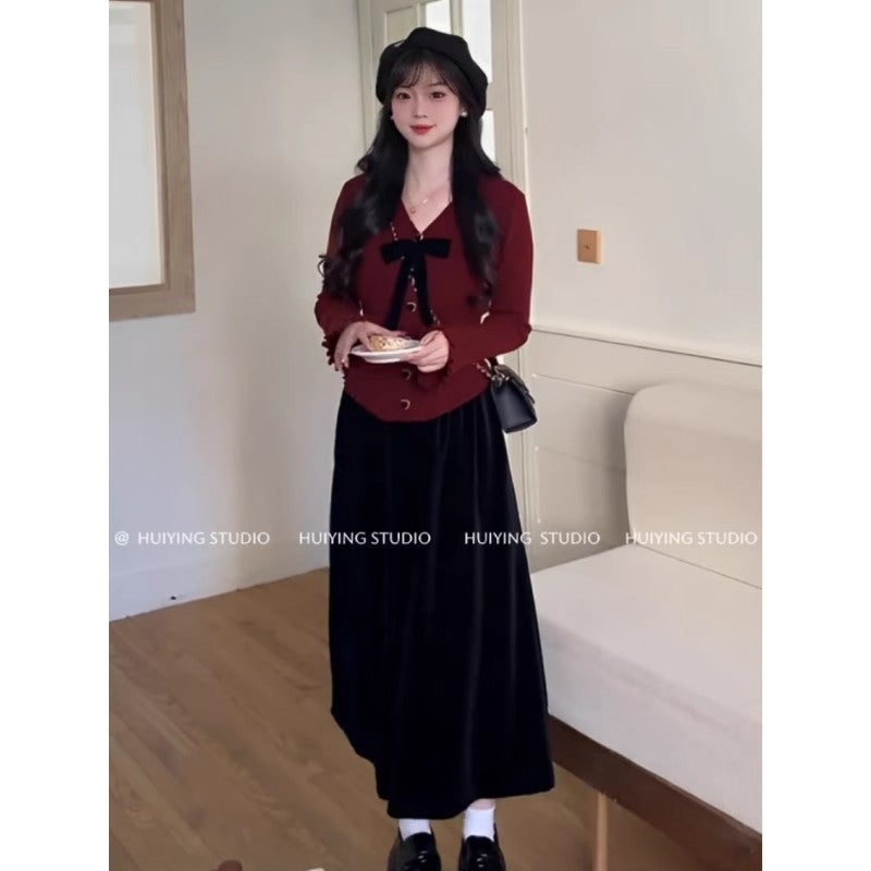 French-Style Burgundy Ruffled Bow Knitted Top for Women, New Spring Versatile Design Niche Blouse for Women Skirt [huaduoduo selection]