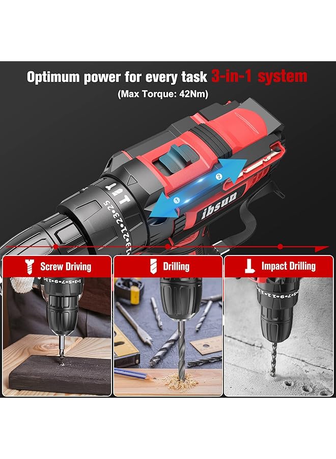 Cordless Drill Driver 21V Cordless Hammer Drill With 1 Batteries 2.0Ah 25+3 Torque 42N.M Max Electric Drill 2 Speed Led Light