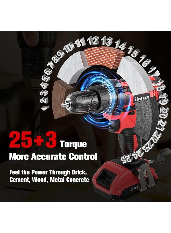 Cordless Drill Driver 21V Cordless Hammer Drill With 1 Batteries 2.0Ah 25+3 Torque 42N.M Max Electric Drill 2 Speed Led Light