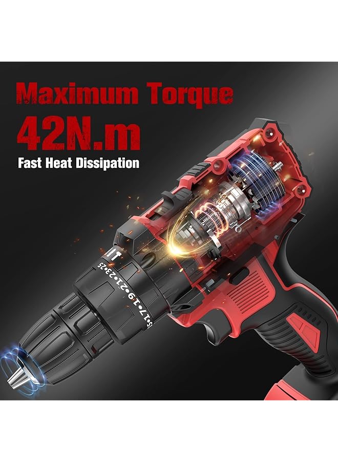 Cordless Drill Driver 21V Cordless Hammer Drill With 1 Batteries 2.0Ah 25+3 Torque 42N.M Max Electric Drill 2 Speed Led Light