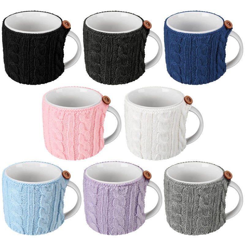 Skyley 8 Pcs Coffee Mug Sleeves Cozy Sweater Reusable Knitted Crochet Coffee Sleeves Cup Tea Cozy Handmade Tableware Tea Mug Warmer for Women MenMulti Color8 Pcs