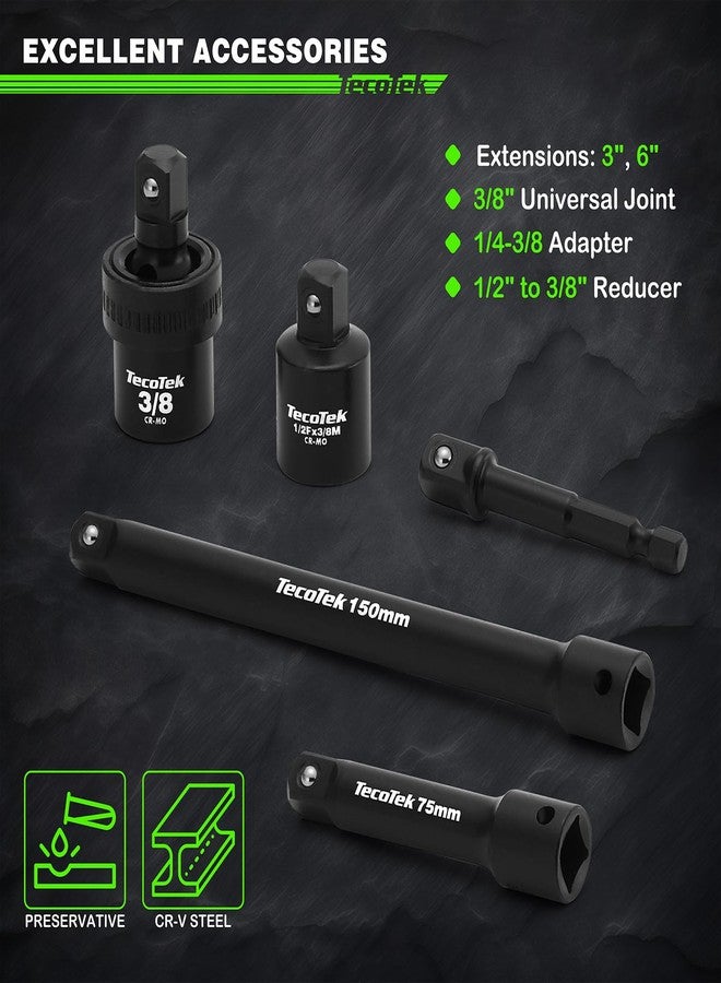 TecoTek 3/8" Drive Impact Socket Set, 49-Piece Standard SAE (5/16"-3/4") and Metric (8mm-22mm), 6 Point, Cr-V, Extension Bars, 1/2" F to 3/8" M Reducer, Universal Joint and Power Drill Adapter - Image 5