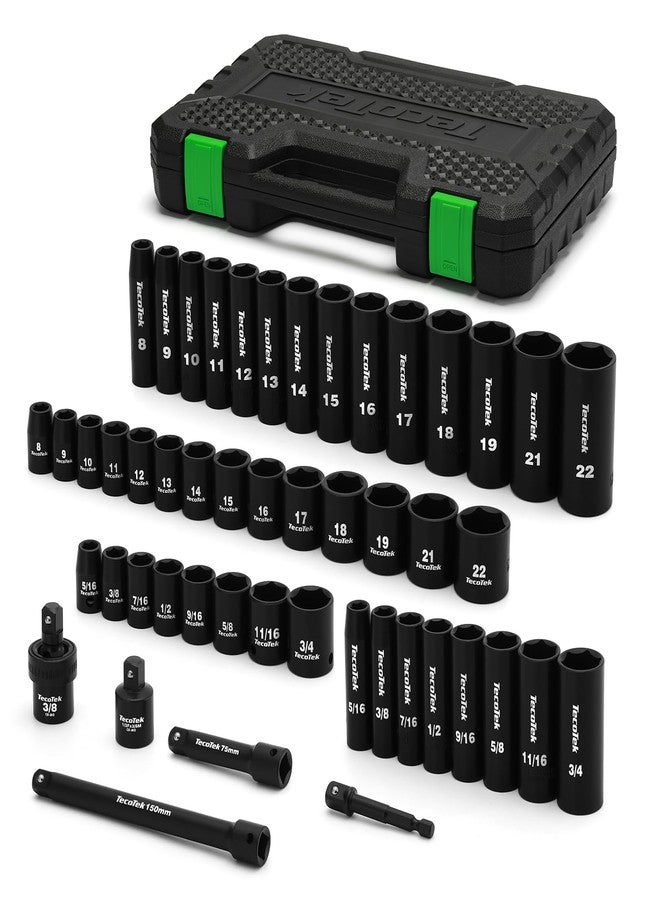 TecoTek 3/8" Drive Impact Socket Set, 49-Piece Standard SAE (5/16"-3/4") and Metric (8mm-22mm), 6 Point, Cr-V, Extension Bars, 1/2" F to 3/8" M Reducer, Universal Joint and Power Drill Adapter - Image 1