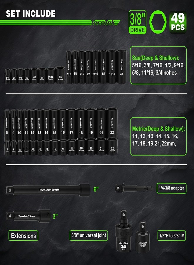 TecoTek 3/8" Drive Impact Socket Set, 49-Piece Standard SAE (5/16"-3/4") and Metric (8mm-22mm), 6 Point, Cr-V, Extension Bars, 1/2" F to 3/8" M Reducer, Universal Joint and Power Drill Adapter - Image 2