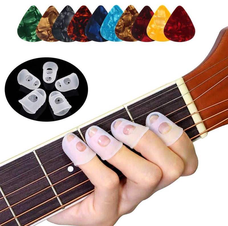 Augsun 40 Pcs Silicone Guitar Finger Guards Guitar Fingertip Protection Covers Caps with 10pcs Guitar Picks for Stringed Instruments(5 Sizes) - Image 1