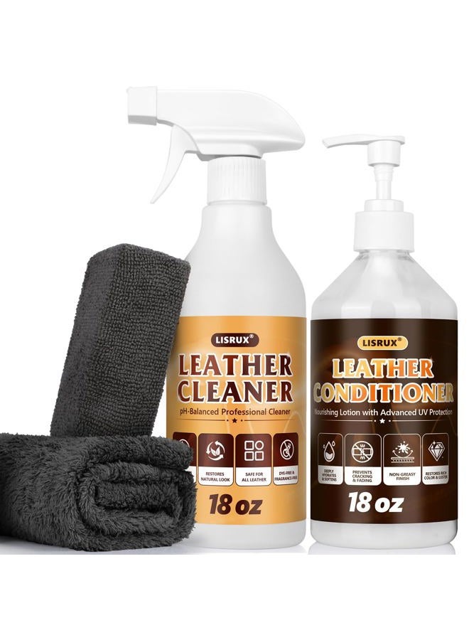 LISRUX Leather Cleaner and Conditioner Kit-2×18oz Leather Care For Car Seats, Furniture, Couches, Shoes & Boots, Restores & Protects All Leather For Natural, Synthetic, Faux, Pleather, pH-Balanced - Image 1