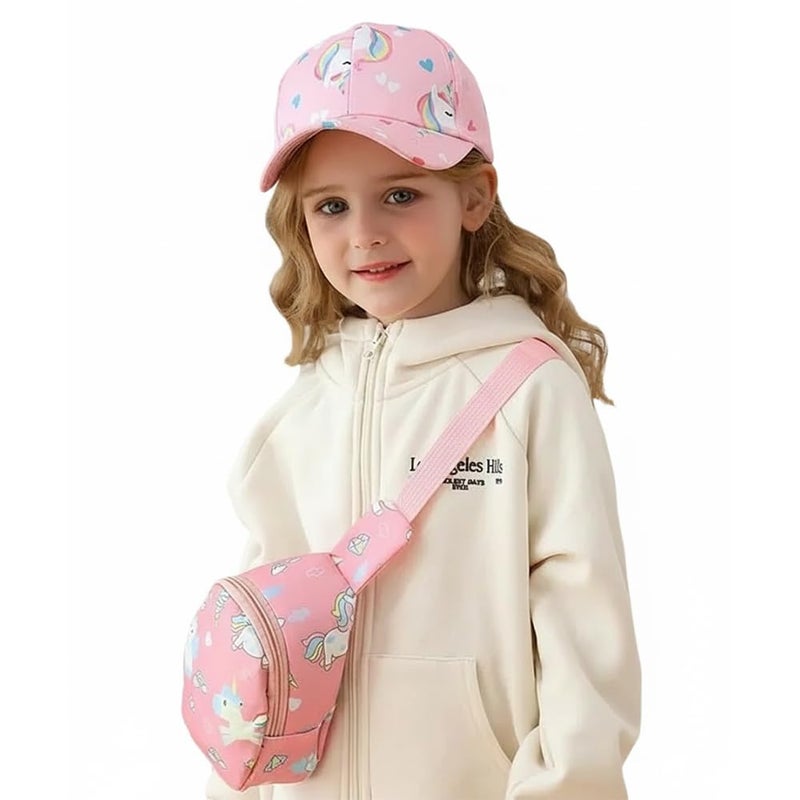 Unicorn Designed Cap & Crossbody Bag Set for 3-8year Girls Kids - Sun Protection Comfortable Hat (Light Pink)