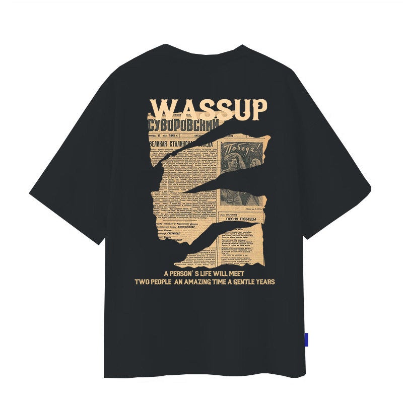 WASSUP fashion brand American heavy high street retro men's and women's short-sleeved t-shirt vintage pure cotton couple top men - Image 1