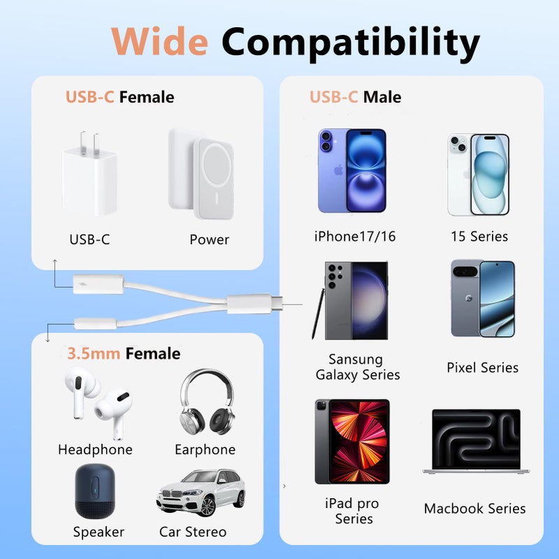 KikoSaka USB C to 3.5mm Audio Adapter 2 in 1 USBC to Headphone Jack Adapter with PD Fast Charging Dongle Cable Type C to Aux for iPhone 17 16 15, Galaxy - Image 2