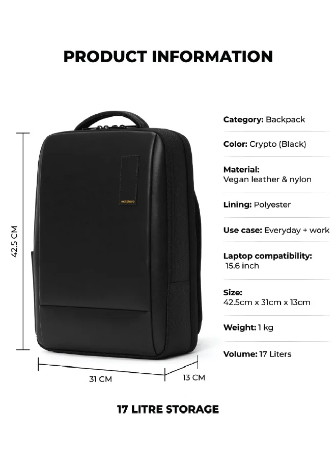 موكوبارا للتجارة ذ.م.م The Element Backpack | Laptop Up to 15.6 Inches, 18L Capacity | Durable Nylon and Vegan Leather, Water Resistant | Ideal for Travel, Office, Students | Ergonomic, Padded Straps | Black