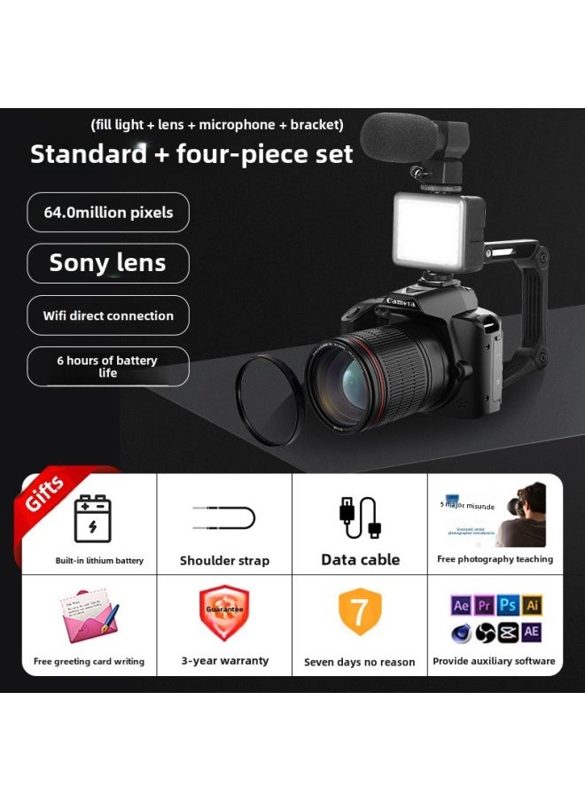 Generic 6400w HD Pixel Student Entry Level Micro Single Self-timer Vlog Small SLR Travel Digital Camera-Body Color:D5 Black Night Vision Version Comes Standard + Four-piece Set-package Four✦✦  - Image 1