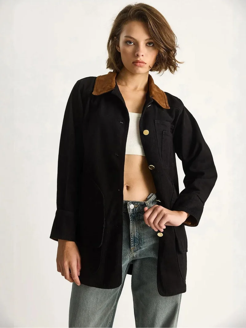 Bianco Lucci LUCCI Gabardine Jacket with Faux Suede Collar