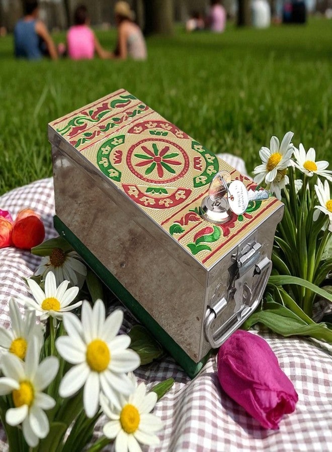 GinoSet Stainless Steel Storage Cash Box Pooja Peti, Jewellery Organizer, Vanity Storage Box, Safe Bank Locker Handicrafts Meenakari Design with Top Side Lock (8 inch) - Image 3