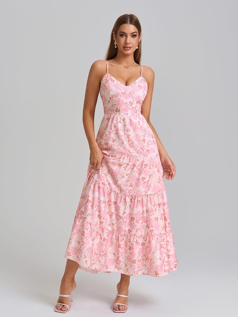 HTZMO Women Casual Summer Floral Maxi Sundress V Neck Spaghetti Strap Bow Tie Backless Flowy Boho Beach Long Dress 2026 Pink Floral L - Image 2